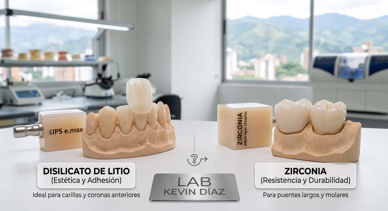 Comparativa dental LAB KEVIN DÍAZ: IPS e.max para carillas y coronas anteriores vs Zirconia para puentes largos y molares, mostrada con bloques y modelos